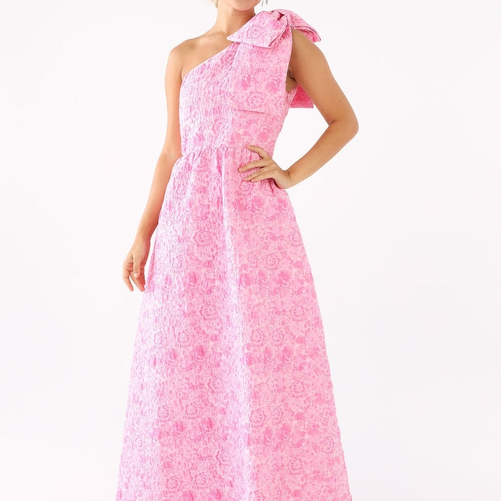 One-Shoulder Pink Floral Maxi Dress with Bow